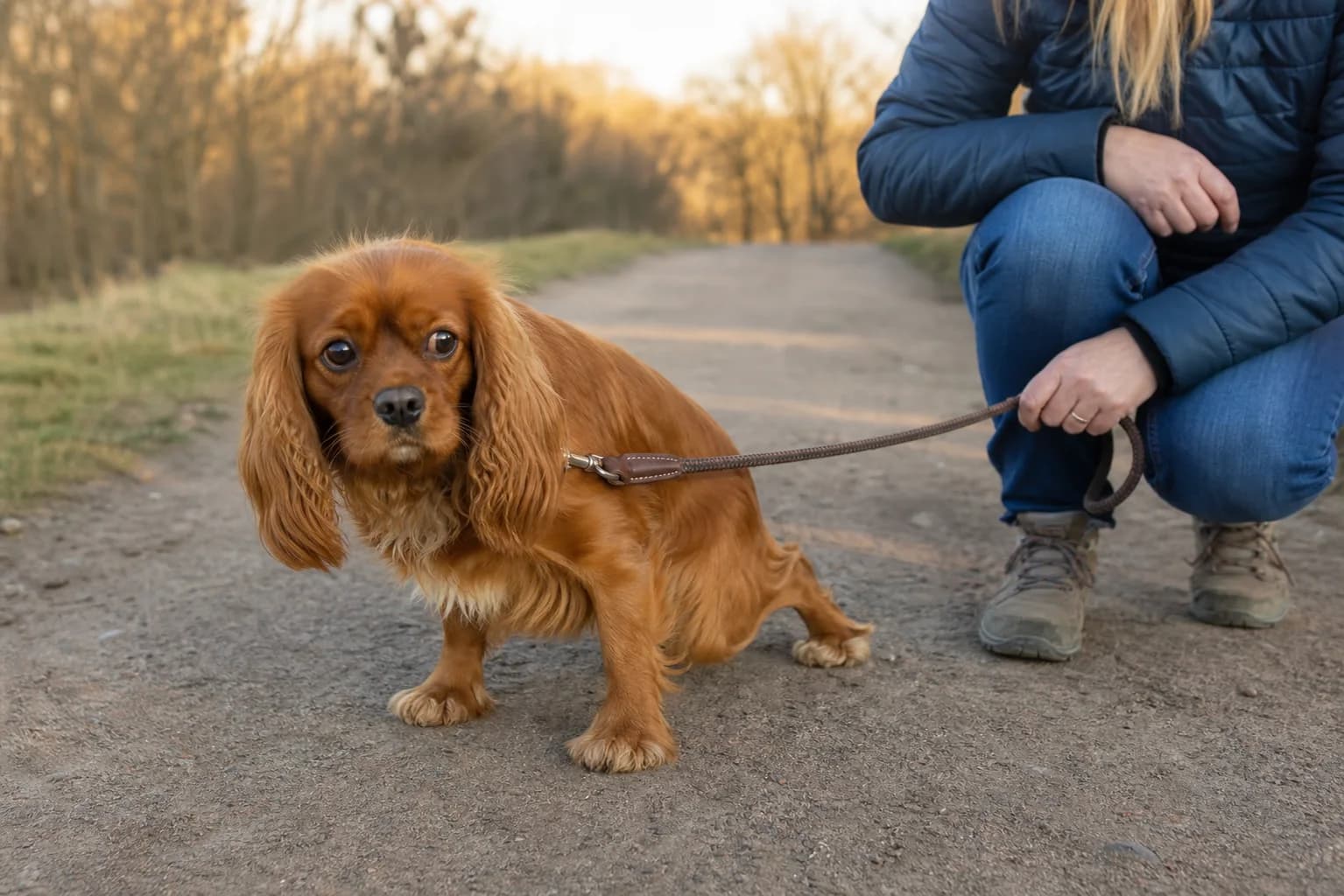 Owner recording a comfortable Cavalier's movement for a veterinary symptom history