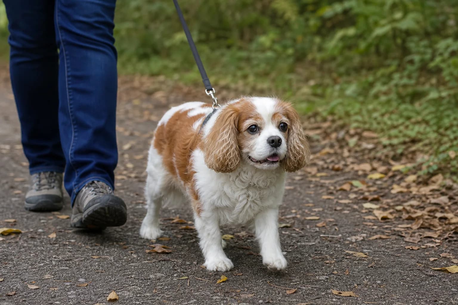 Senior Cavalier outdoors, representing lifelong monitoring after adoption