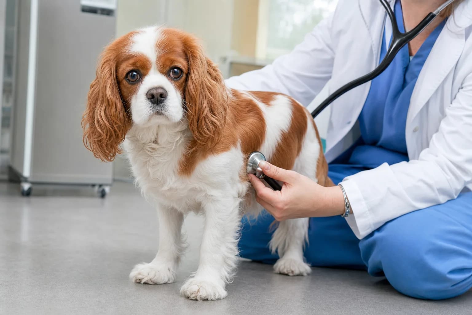 Healthy adult Cavalier during a calm preventive veterinary examination