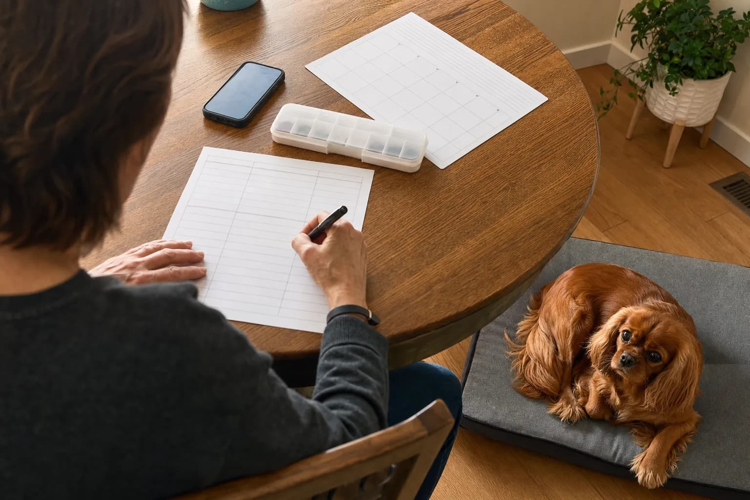 Owner updating a one-page health record while a Cavalier rests nearby