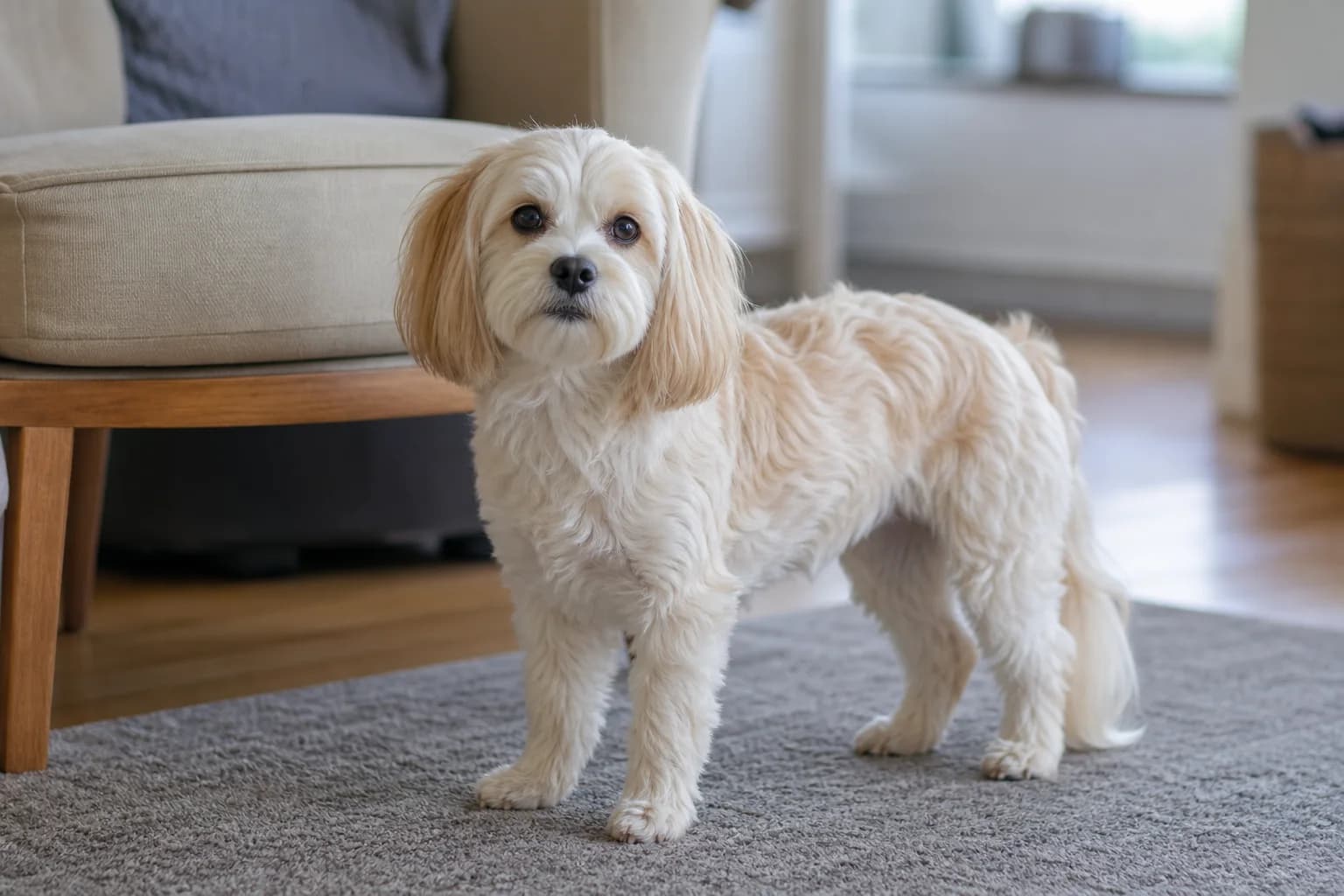 Adult Cav-a-Malt showing a small silky coat