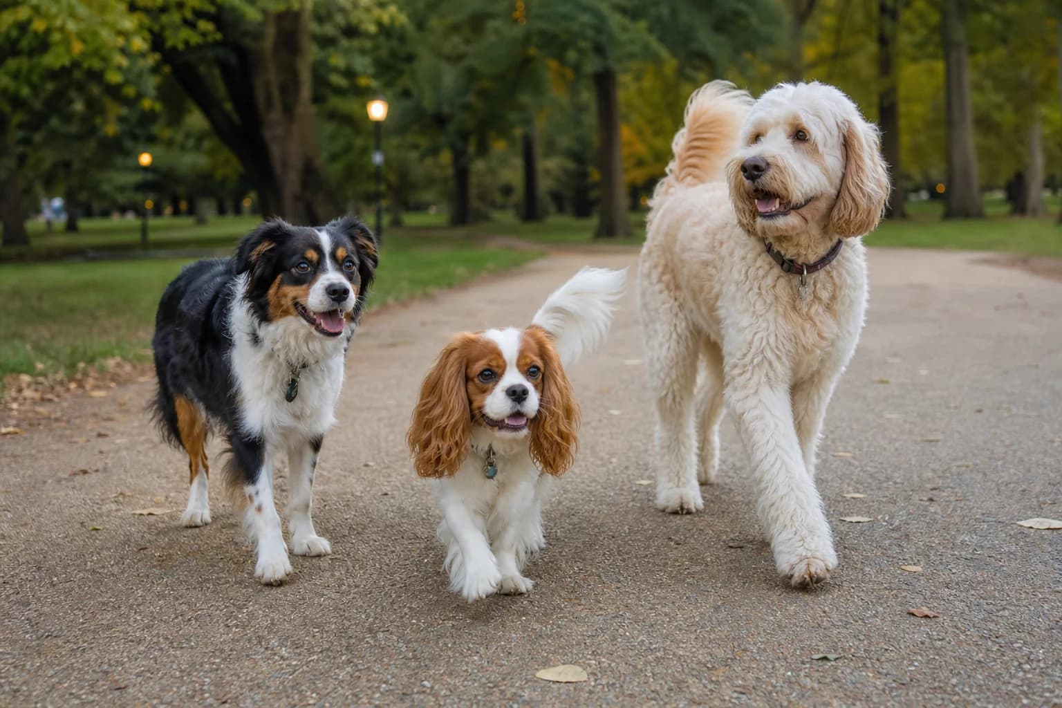 Several adult Cavalier mixes showing different builds and coat types