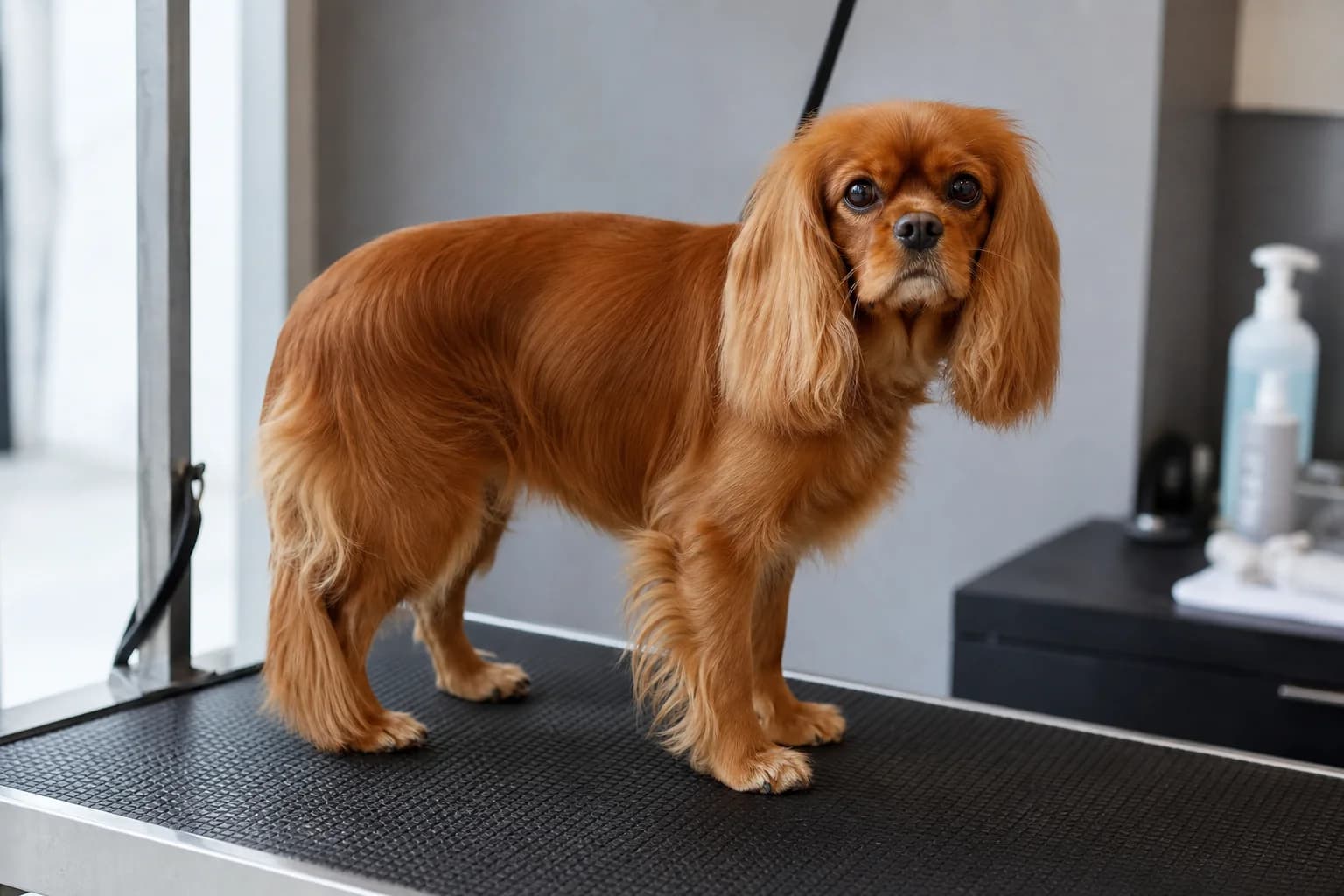Ruby Cavalier standing calmly at a grooming station, representing a recurring ownership expense