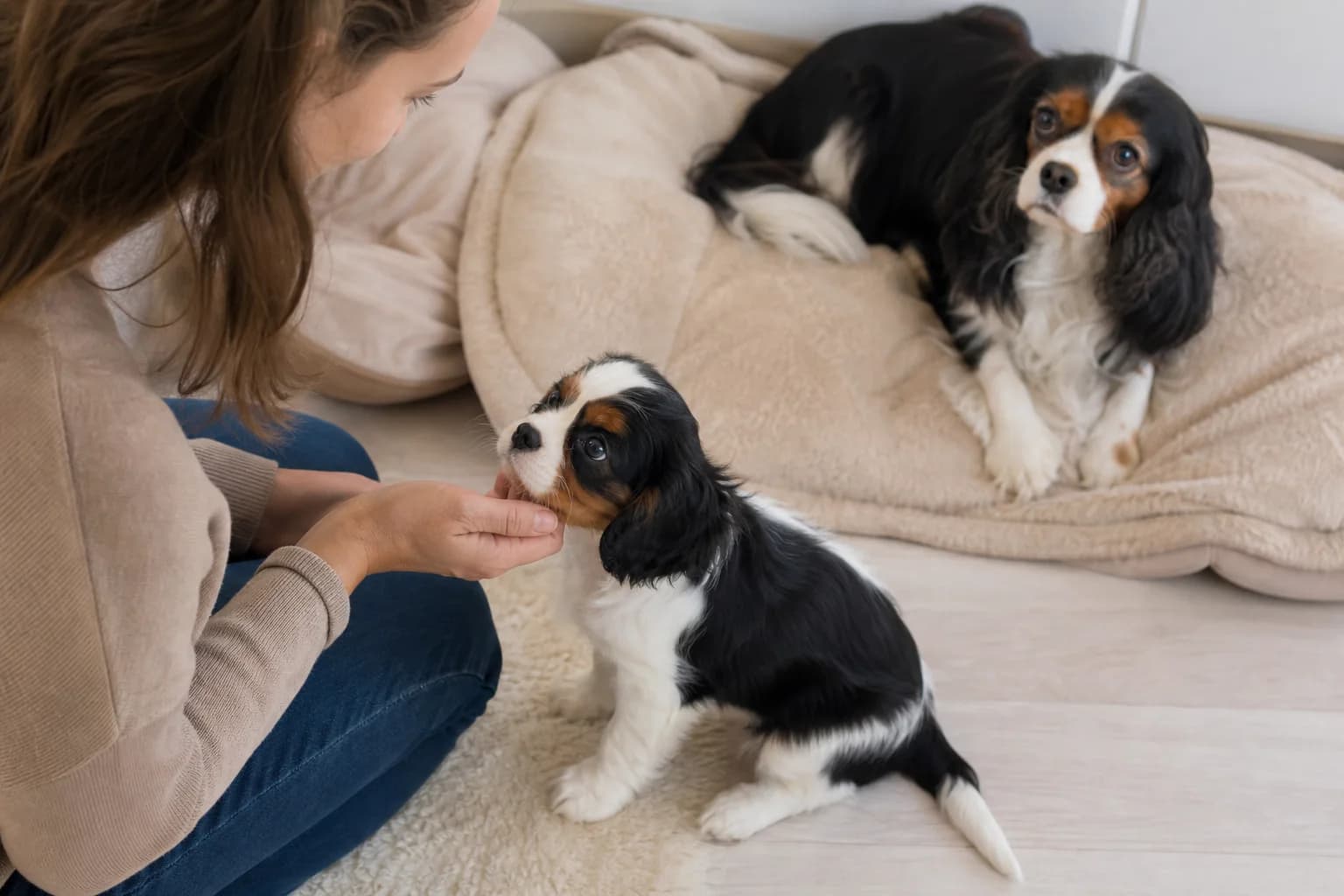 Prospective owner meeting a Cavalier puppy with its adult dam in a home setting
