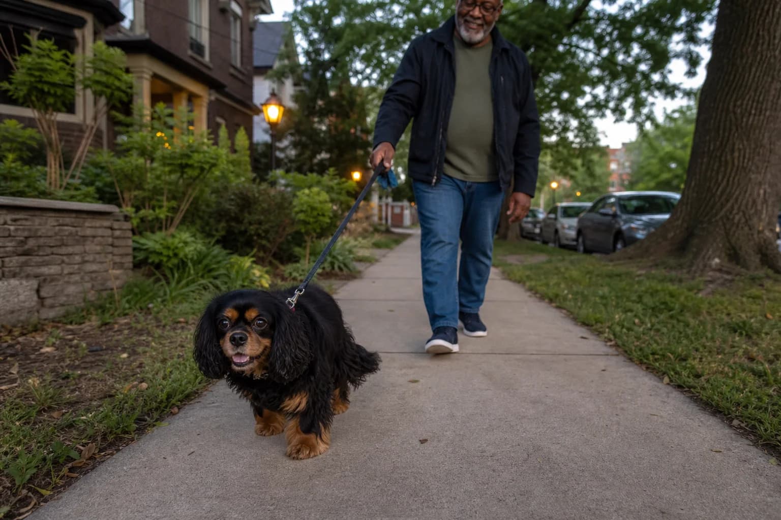 Older black-and-tan Cavalier on a neighborhood walk, illustrating how care needs and costs can change with age