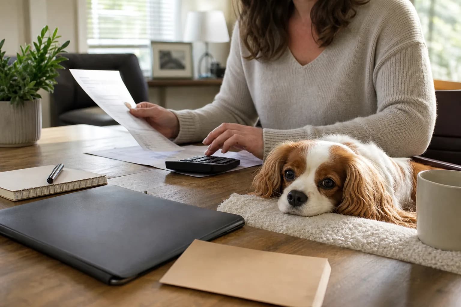 Adult Cavalier resting beside an owner reviewing recurring pet-care costs at a table