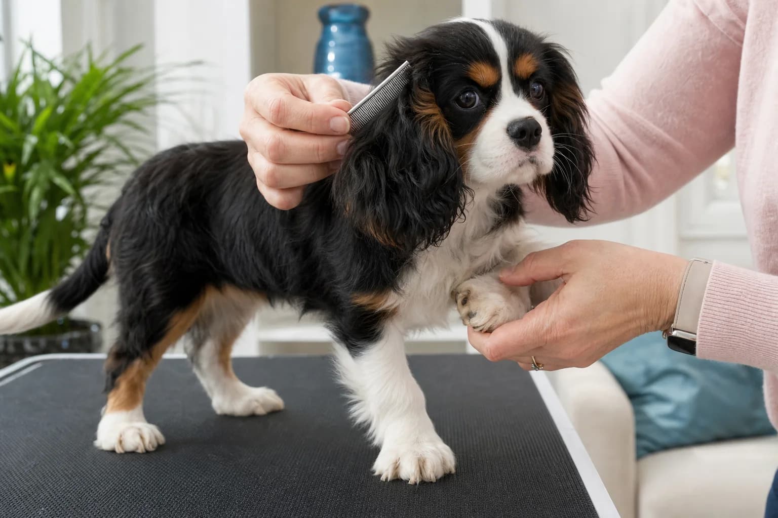 Gentle comb and paw handling with a relaxed Cavalier puppy