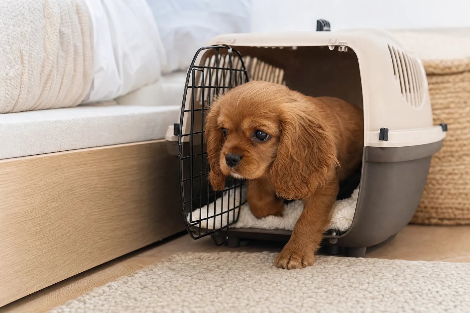Puppy-safe home zone with secured cords and a right-sized rest area