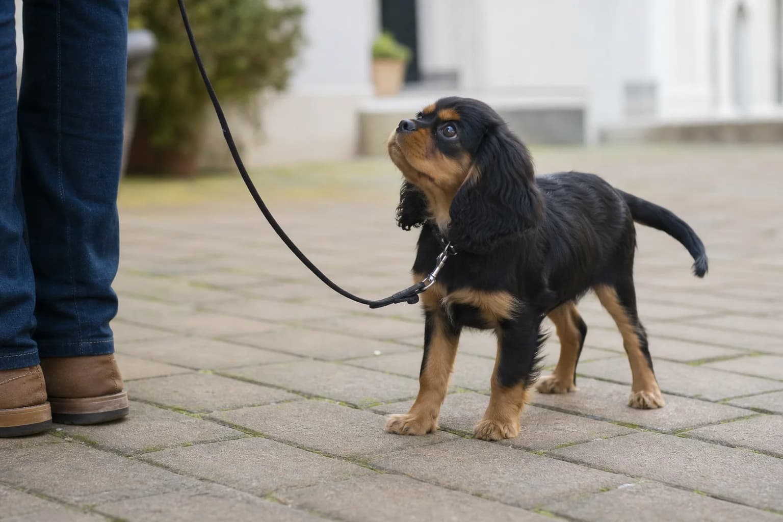 Cavalier puppy in a short reward-based training session on nonslip flooring