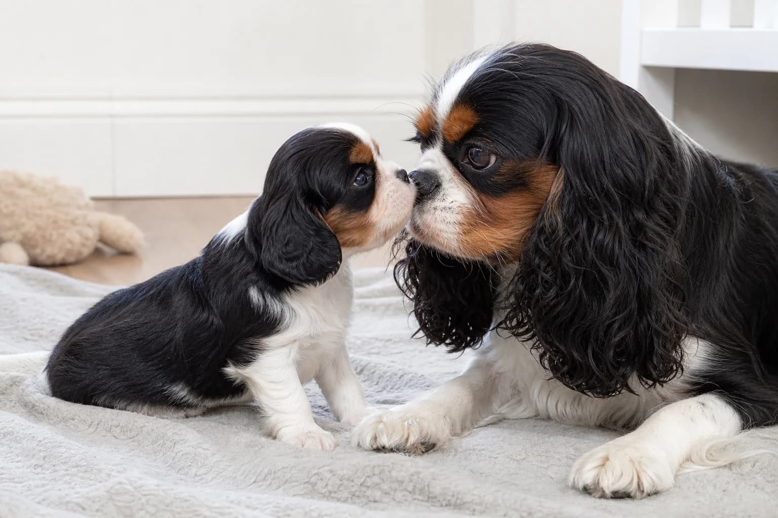Cavalier puppy interacting calmly with a person in a clean home