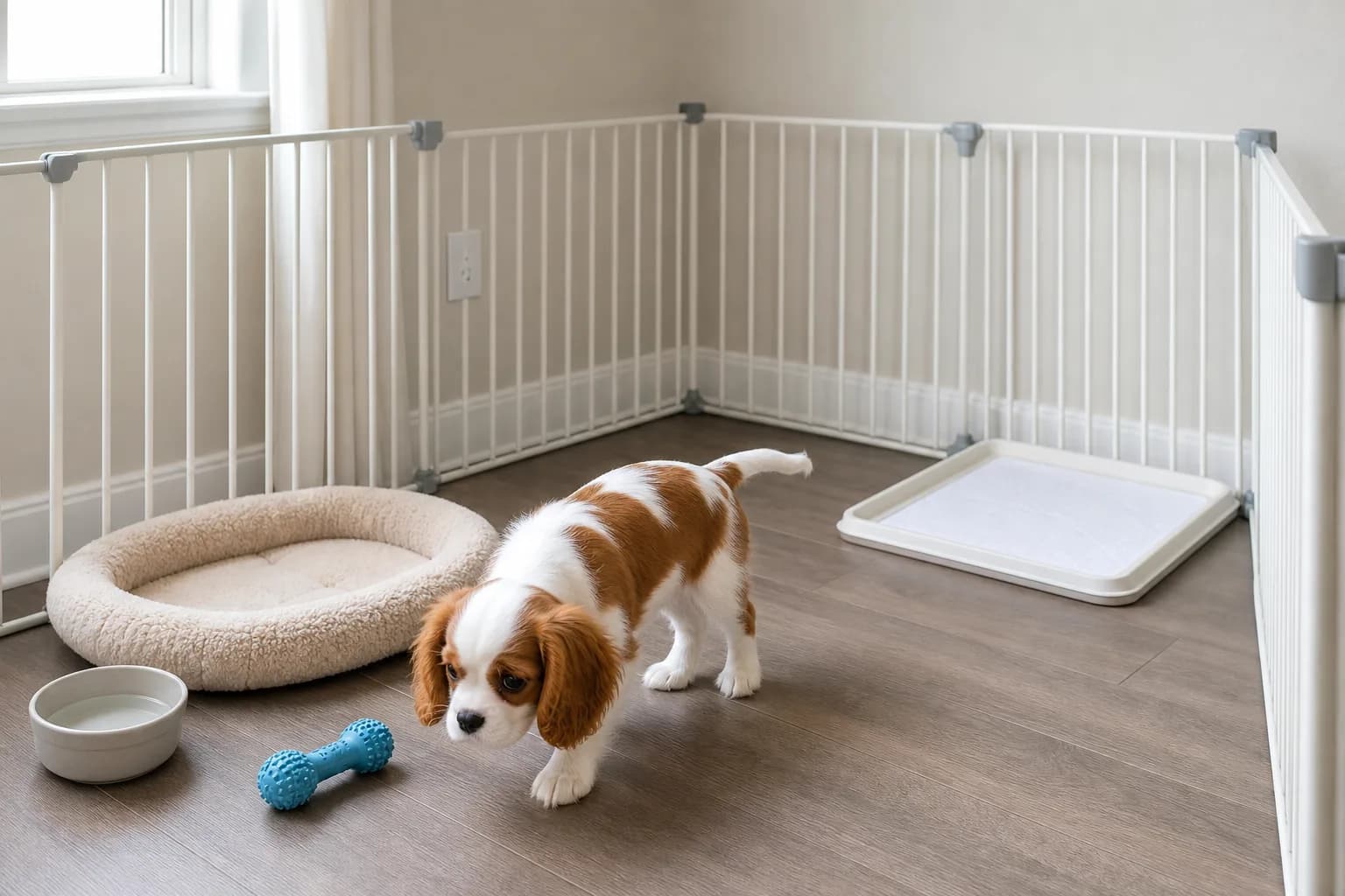 Blenheim Cavalier puppy in a gated first-days area with bed, water, chew, and toilet zone