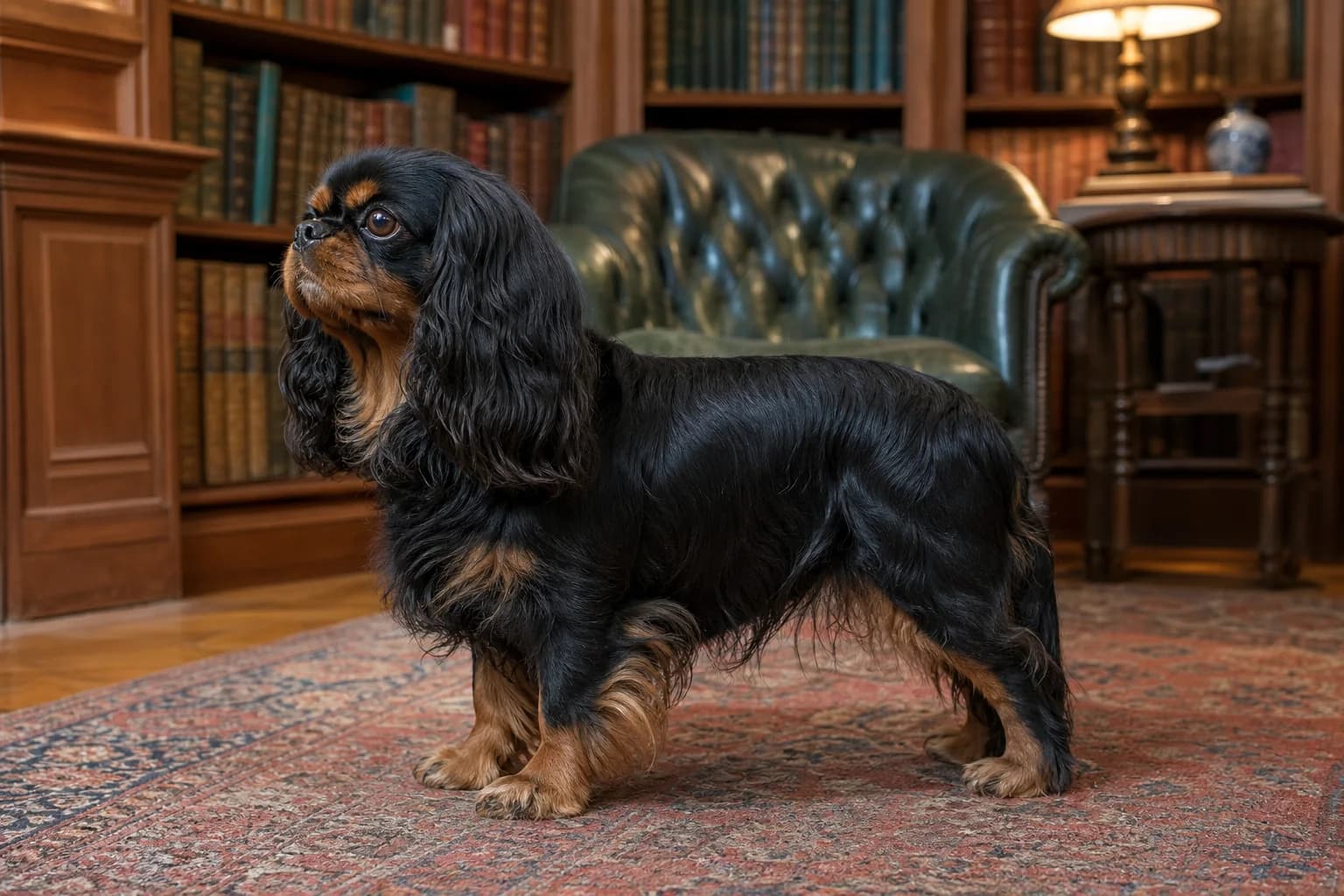 Full-body Cavalier and English Toy Spaniel at the same scale
