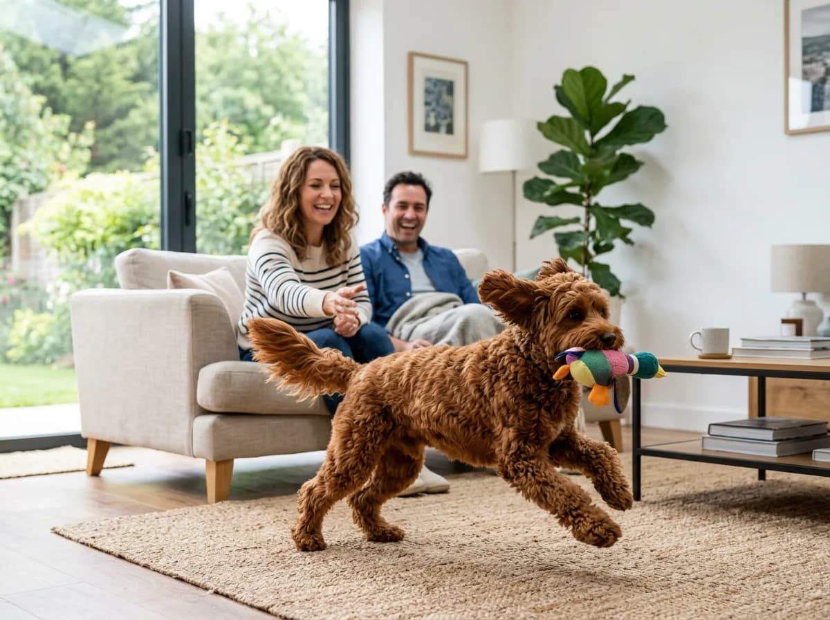 A full-grown red Cavapoo playing with a toy in a bright living room while a family relaxes behind it, showing its adult size in a home setting
