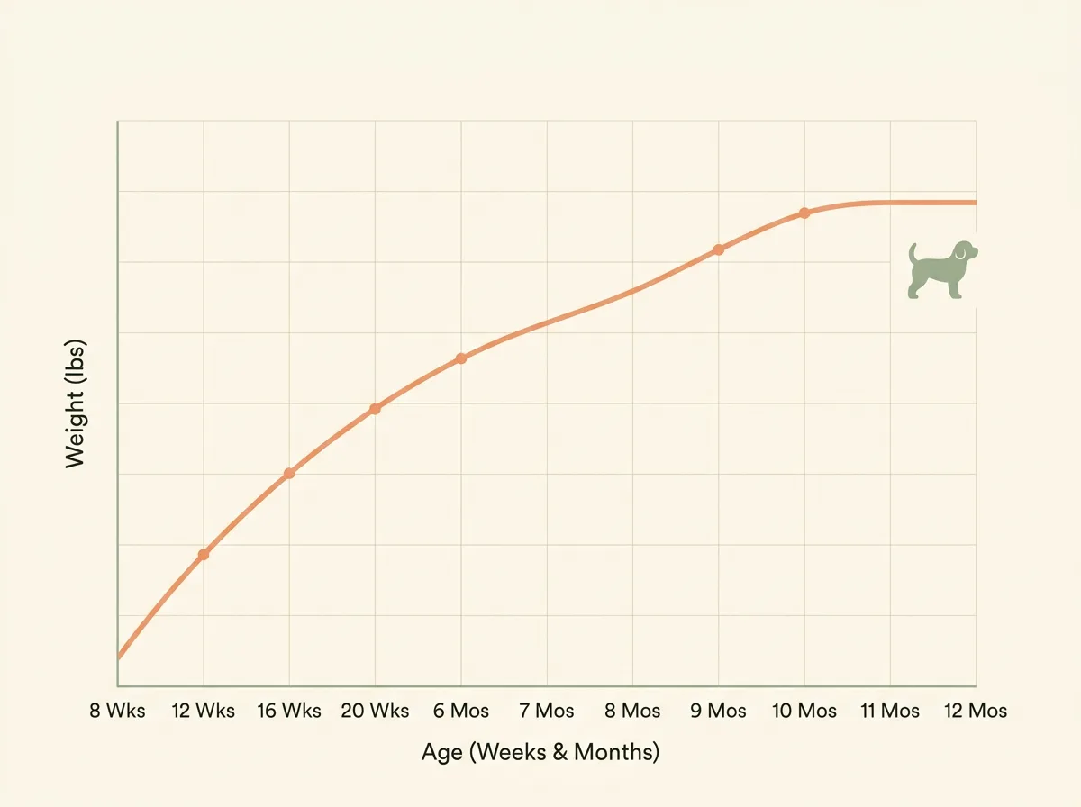 Line growth chart of Cavapoo weight climbing steeply from 8 weeks then leveling off around 11 to 12 months of age