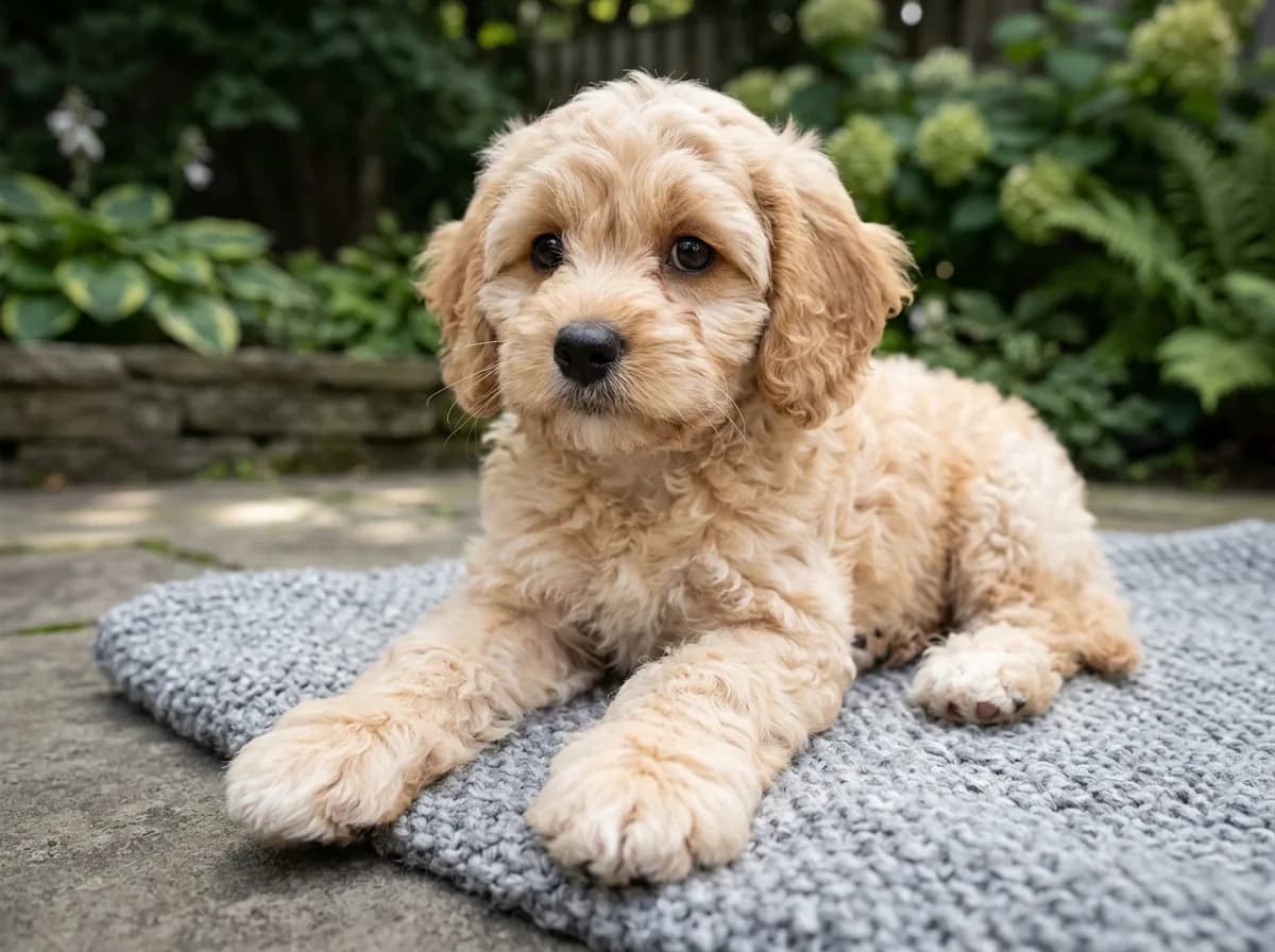 A twelve-week-old Cavapoo puppy sitting on a blanket with noticeably oversized front paws in the foreground, hinting at its future adult size