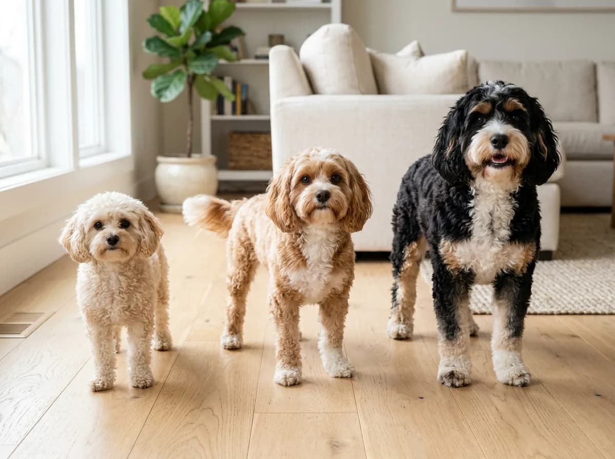 A toy, miniature and standard Cavapoo of three coat colors standing side by side on hardwood, comparing the three adult size classes