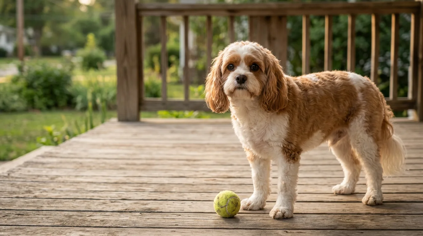 Full-grown apricot-and-white Blenheim Cavapoo standing three-quarters on a sunlit front porch beside a tennis ball, showing its adult size and Cavalier-influenced face