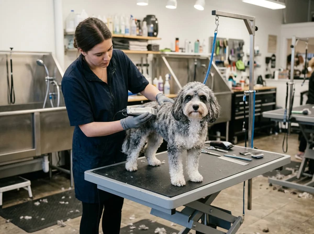 A gray-and-white Cavapoo standing calmly on a grooming table while a professional groomer clips its coat in a salon