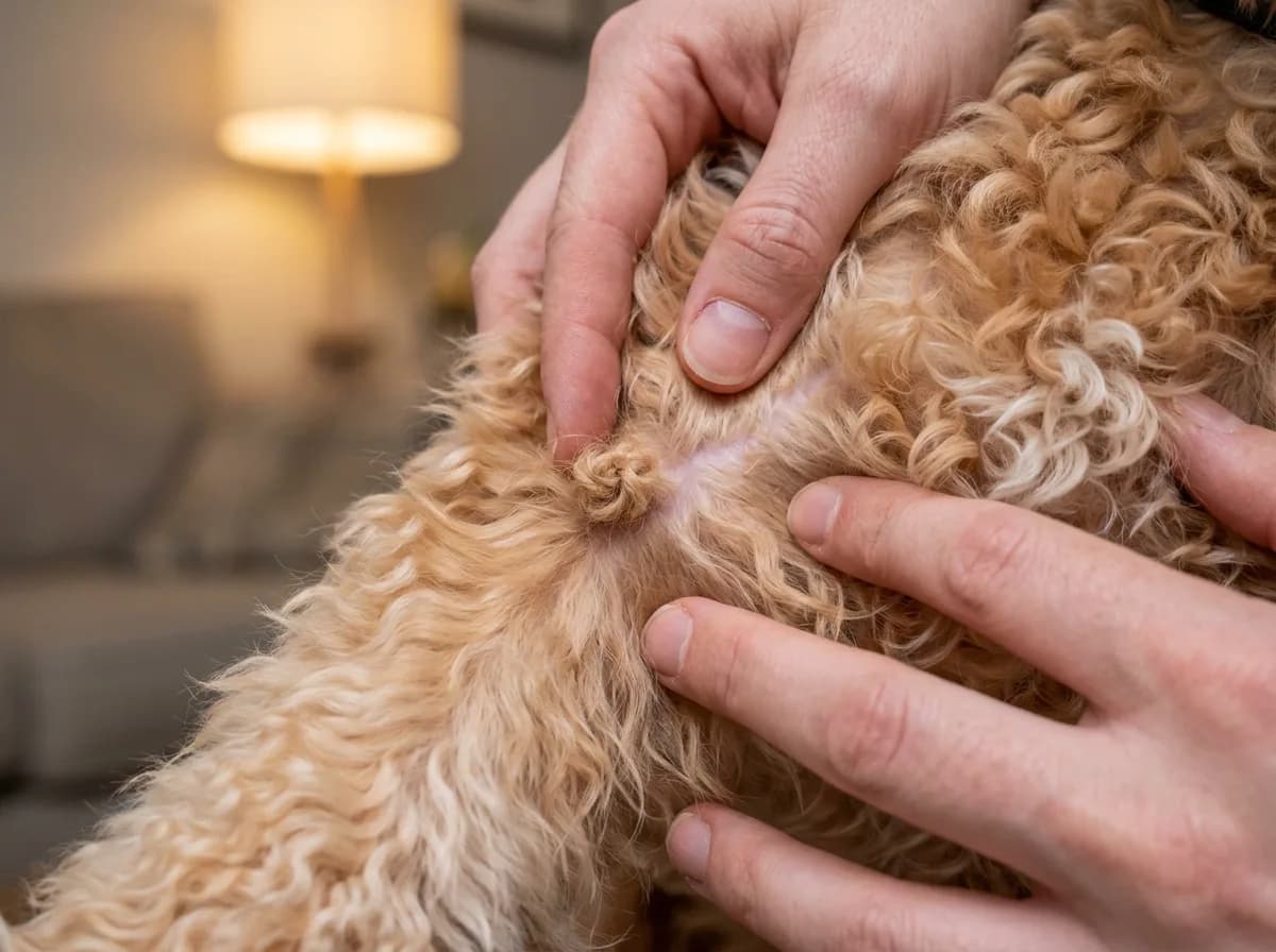Close-up of hands parting an apricot Cavapoo's leg feathering to check the skin for early matting