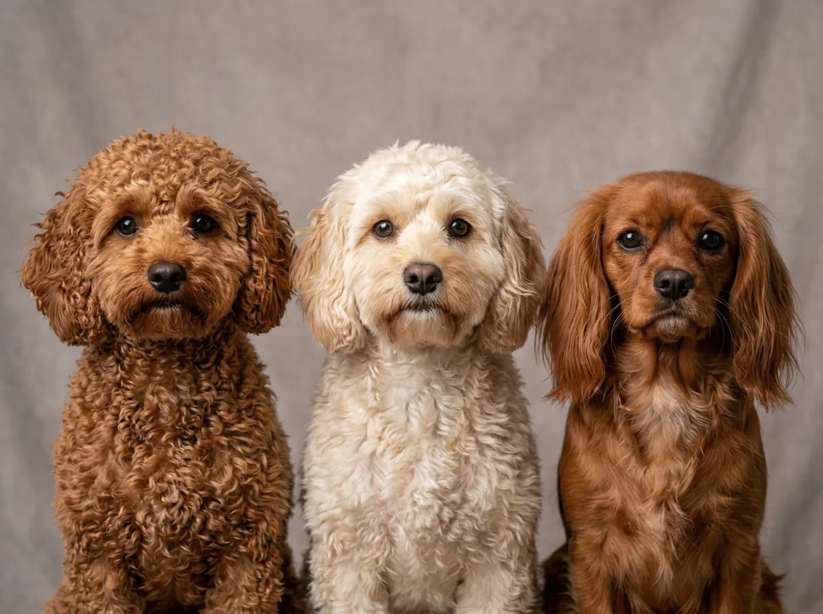 Three Cavapoos side by side showing a curly coat, a wavy fleece coat, and a straight silky coat for comparison