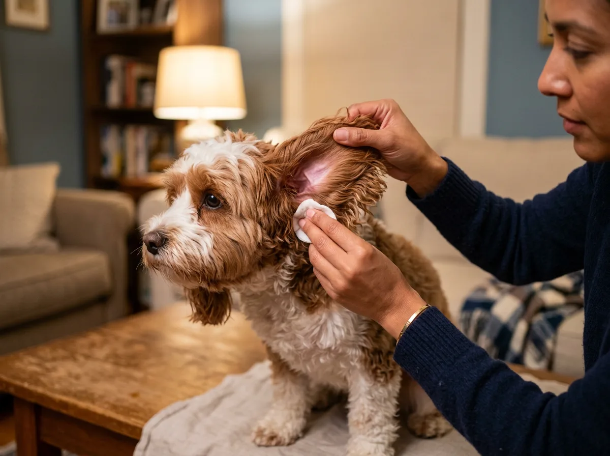 Owner gently wiping the inside of a red-and-white Cavapoo's floppy ear with a cotton pad