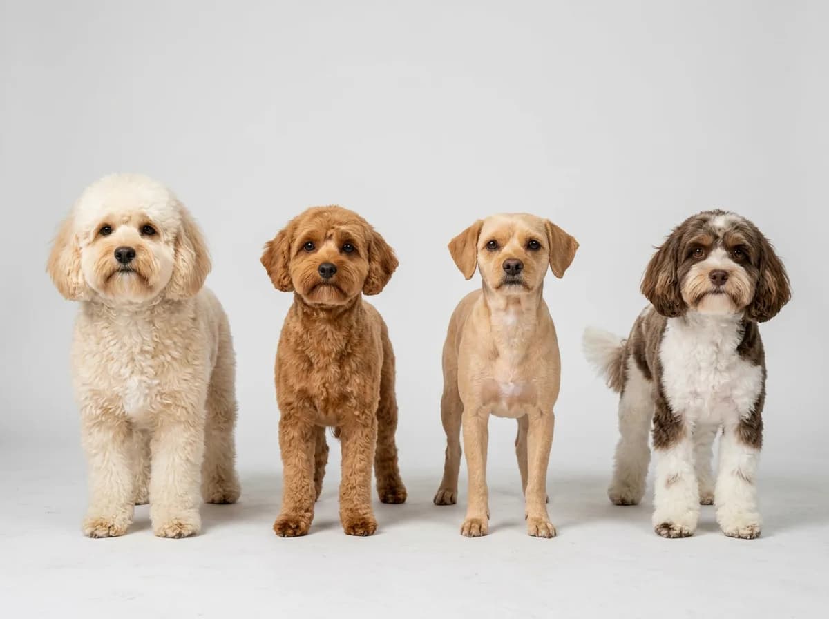 Four Cavapoos in a studio lineup showing teddy bear, puppy, summer, and lamb haircut styles side by side