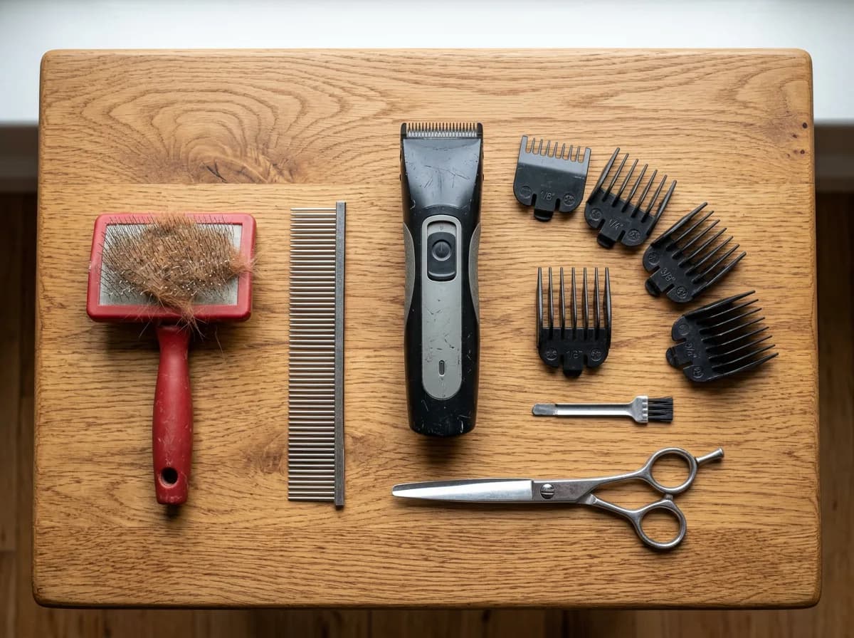 Overhead flat-lay of dog clippers with guard combs, blunt grooming scissors, a slicker brush, and a metal comb on a wooden table
