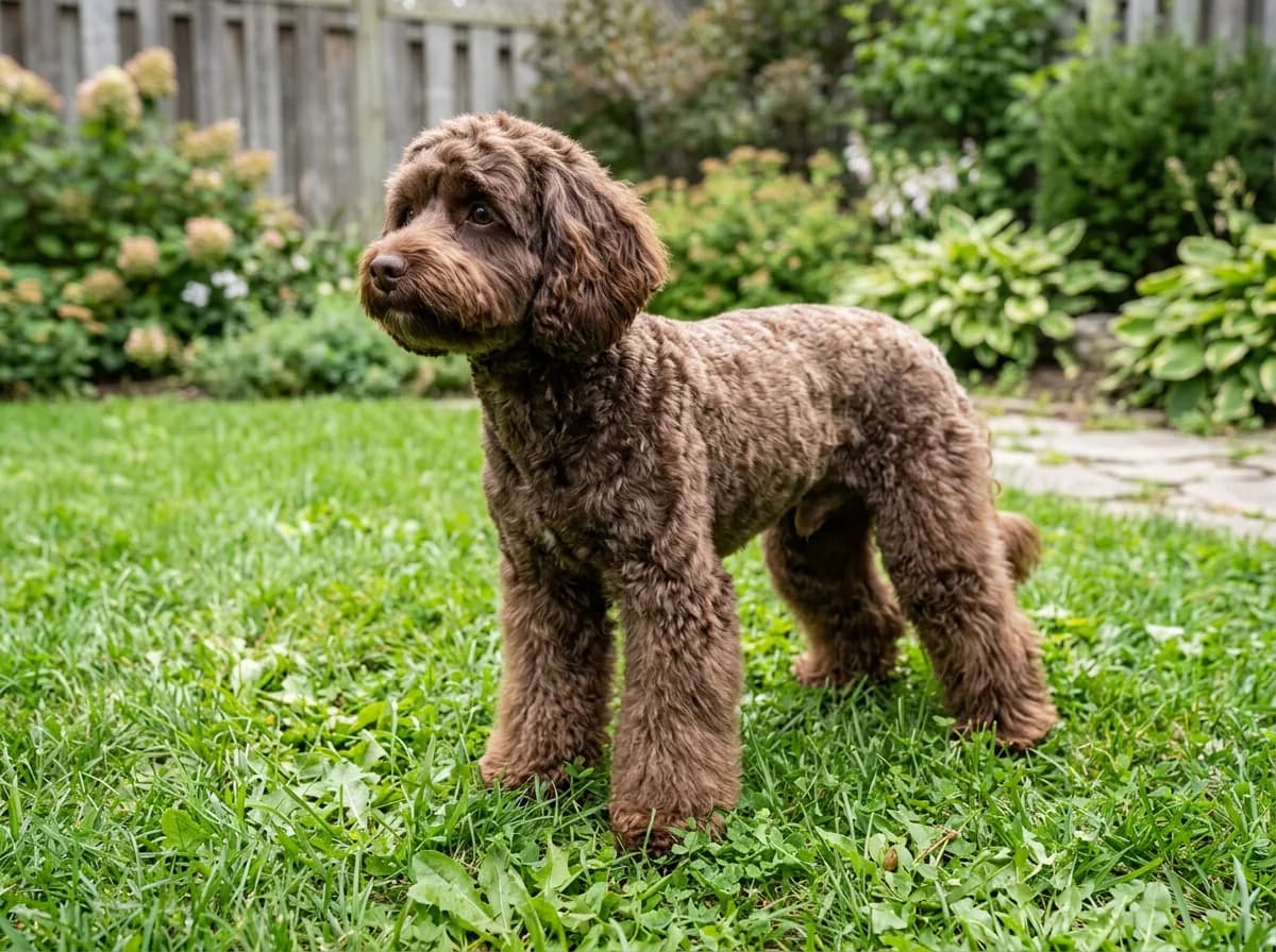 Chocolate-brown Cavapoo in a lamb cut with short body and fuller fluffy legs standing on backyard grass