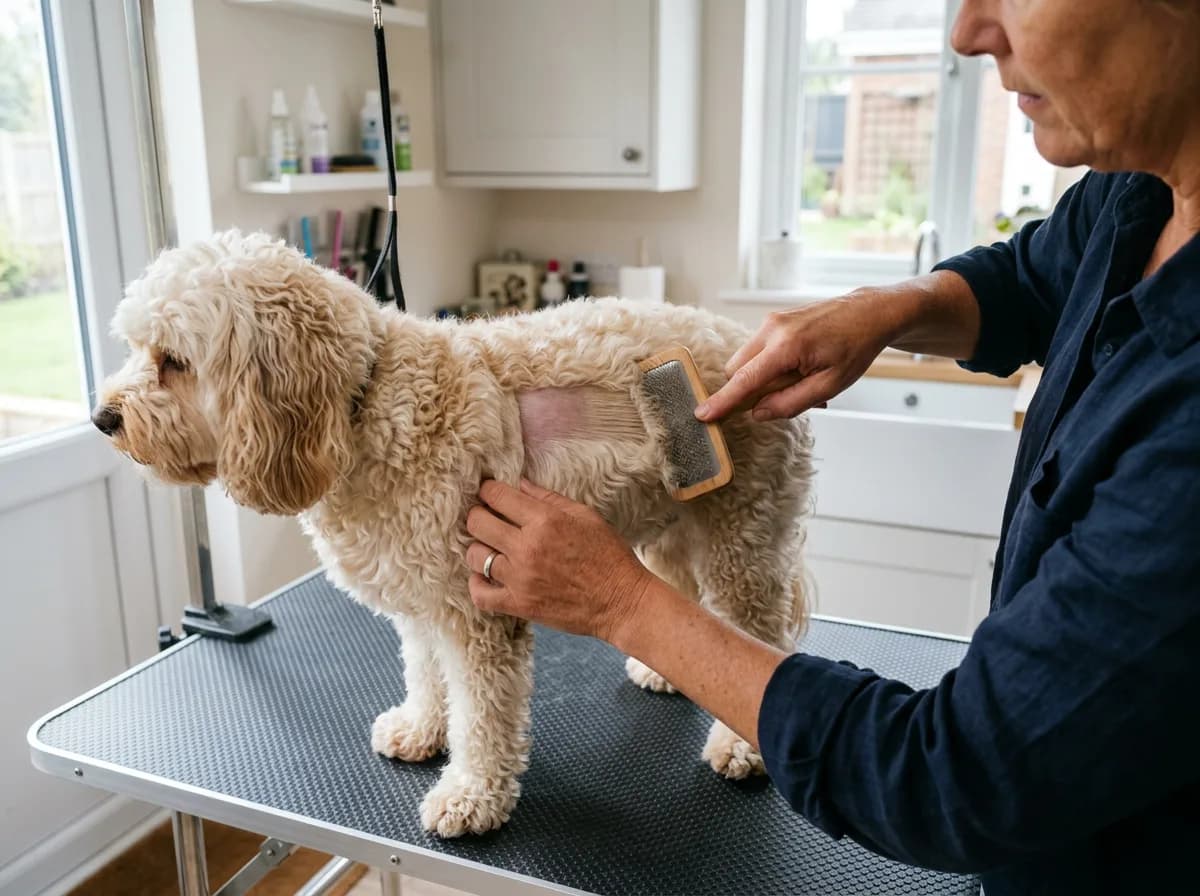 Owner line-brushing a wavy cream Cavapoo down to the skin with a slicker brush on a grooming table