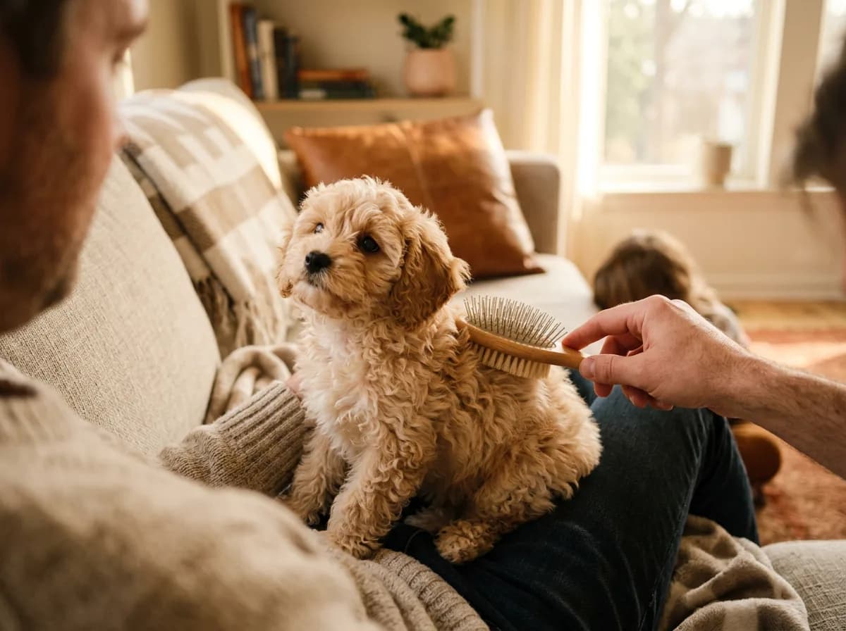 A cream Cavapoo puppy on its owner's lap being gently introduced to a soft brush