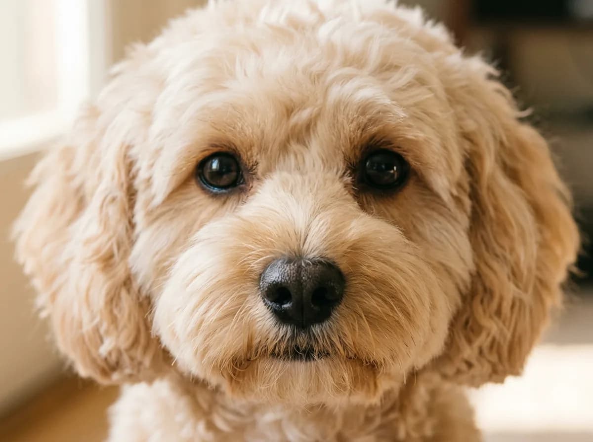 Close-up of a cream Cavapoo's rounded teddy bear face showing the blended muzzle and eyes trimmed clear of hair