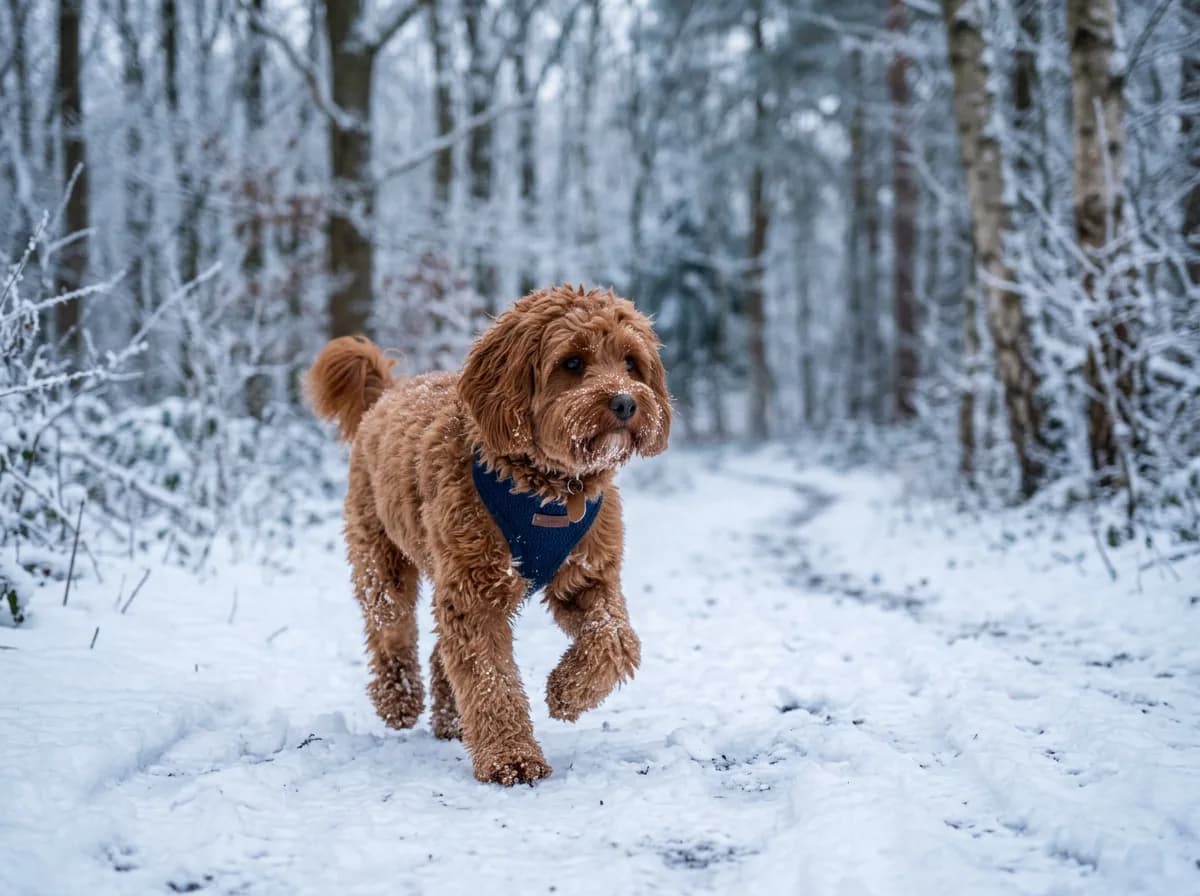 A fluffy red Cavapoo in a longer winter coat walking on a snowy woodland path