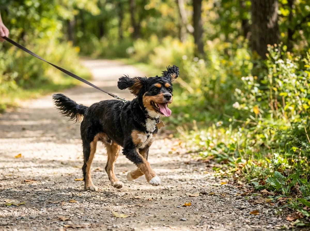 A lean black-and-tan Cavapoo trotting on a leash along a sunlit park trail, showing the healthy weight and exercise that extend lifespan