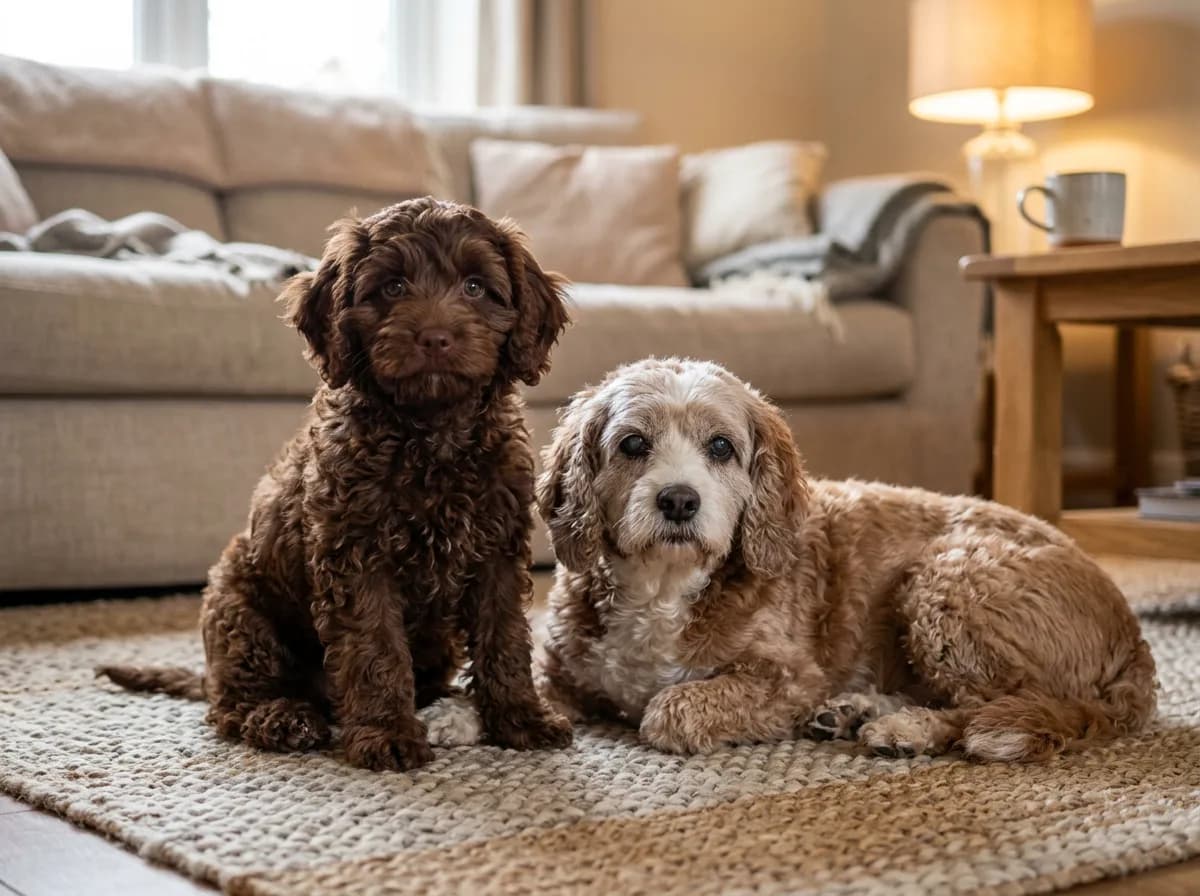 A young chocolate Cavapoo puppy sitting beside a greying senior Cavapoo on a living-room rug, illustrating the breed's life stages