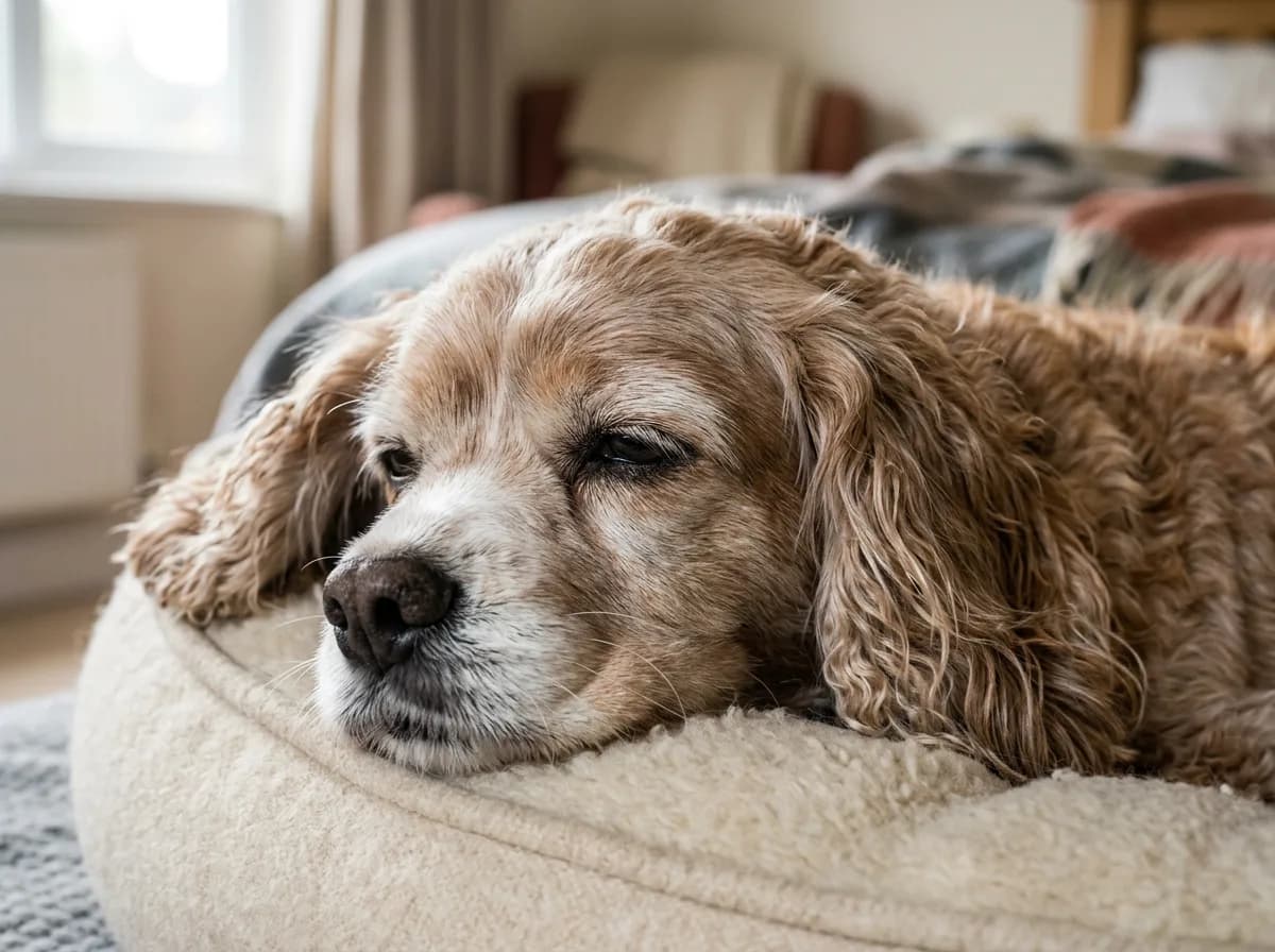 Close-up of a greying senior apricot Cavapoo resting calmly on a soft dog bed in soft morning light, in good health in its later years