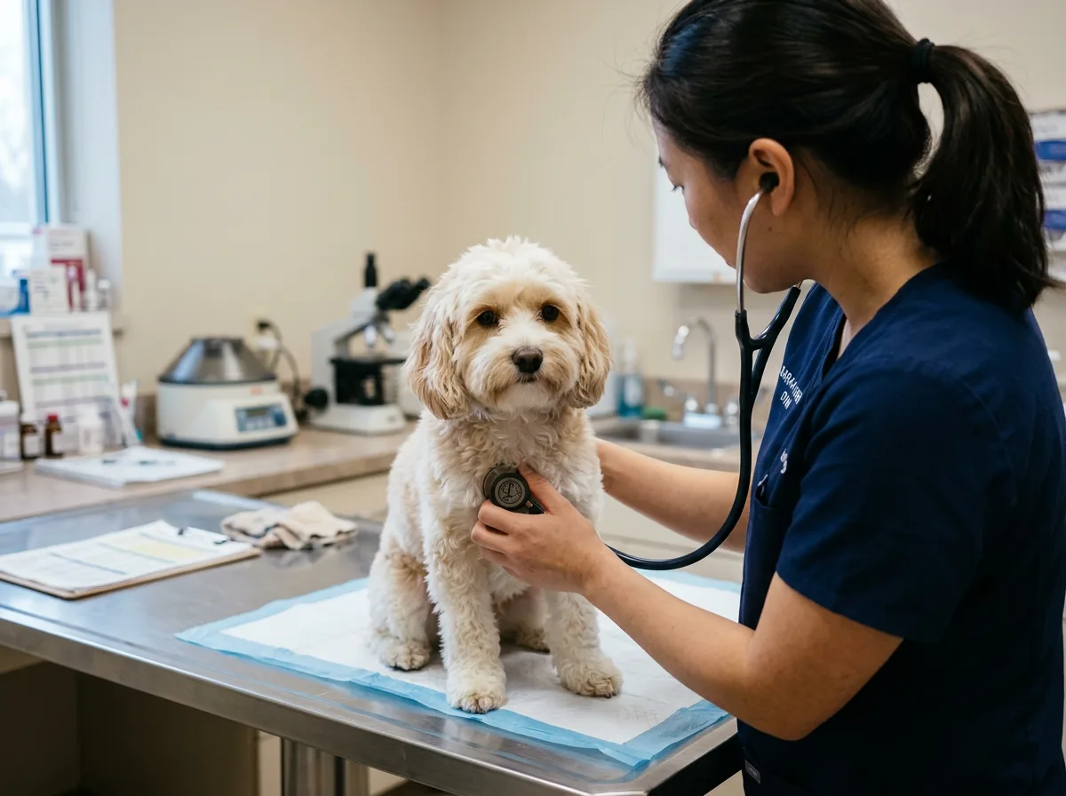 Veterinarian using a stethoscope to listen to a small cream Cavapoo's chest on an exam table, screening for a heart murmur