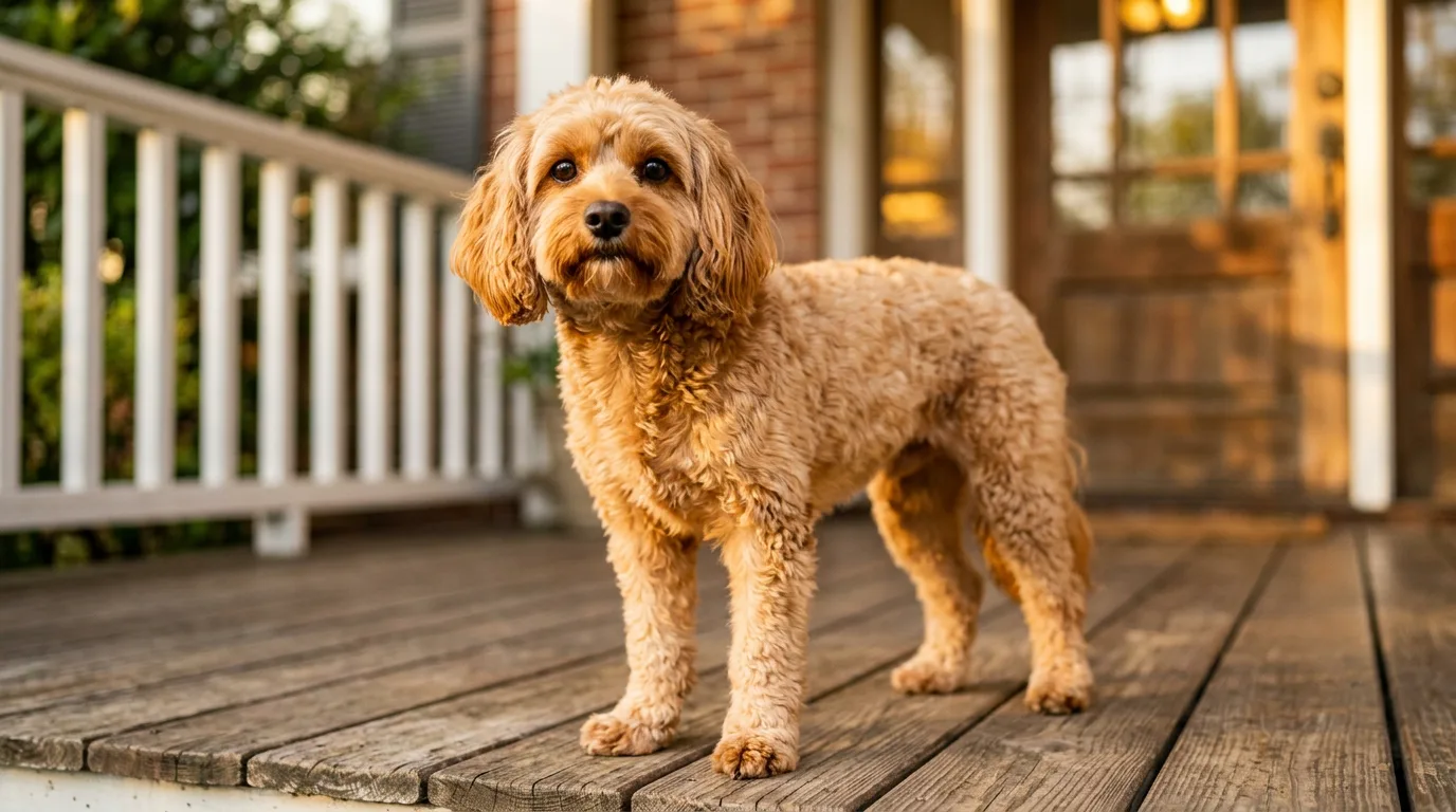 Healthy adult apricot Cavapoo standing alert on a front porch in warm evening light, in lean, vital body condition
