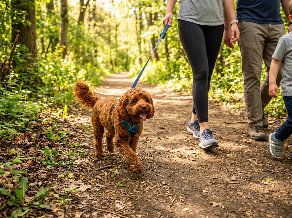 Ruby-red adult Cavapoo trotting on a leash along a sunny park trail beside its walking family