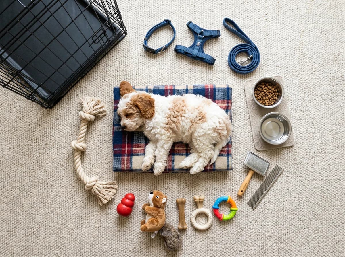 Cream-and-red Cavapoo puppy lying on a rug surrounded by a crate, bed, bowls, leash, brush, and toys laid out as first-year supplies
