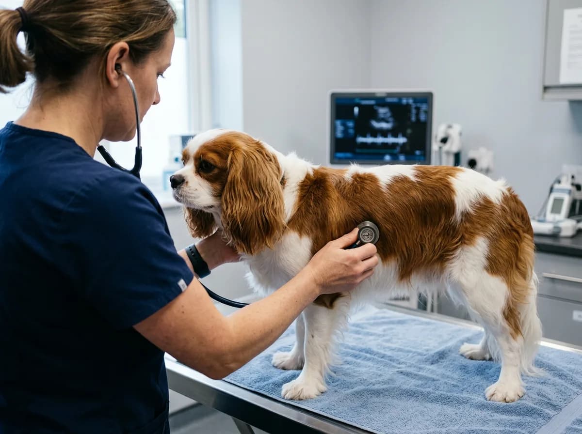 Veterinarian using a stethoscope to examine an adult Cavalier King Charles Spaniel on an exam table during a cardiac health screening