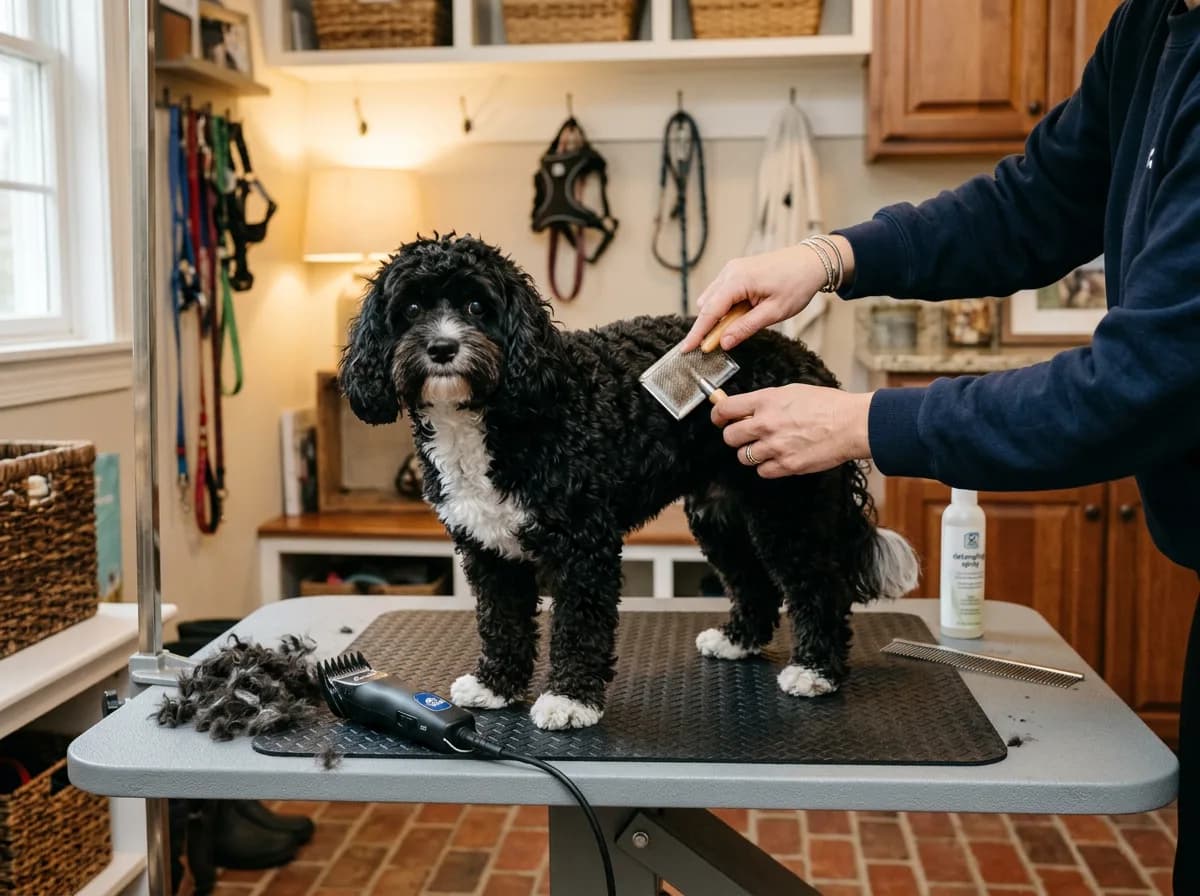 Owner brushing a black-and-white tuxedo Cavapoo on a home grooming table with a slicker brush and clippers nearby