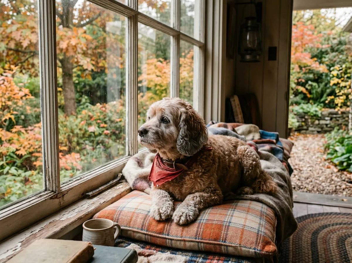Graying senior apricot Cavapoo resting on a cushioned porch window seat looking out toward the yard
