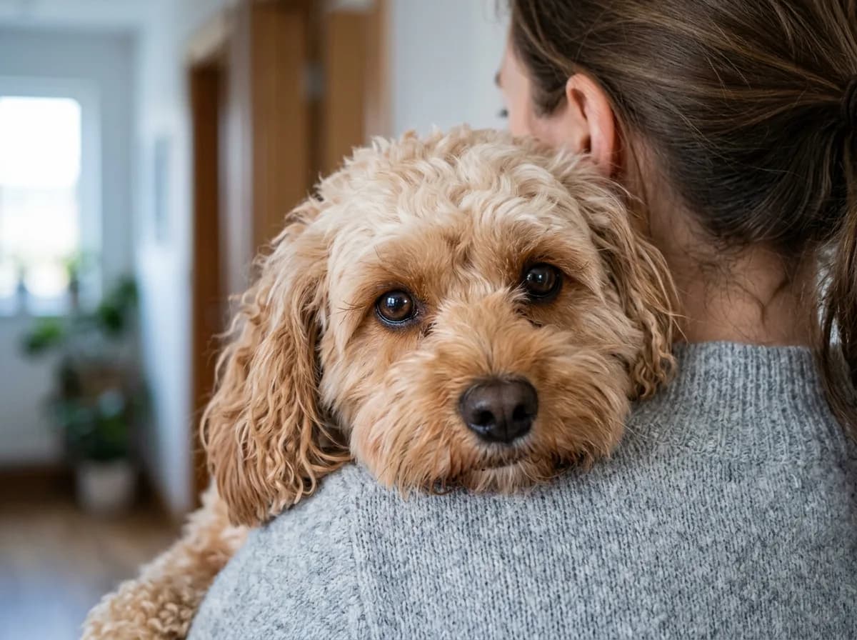 Cream-and-red Cavapoo resting its chin on its owner's shoulder indoors in a close, affectionate pose