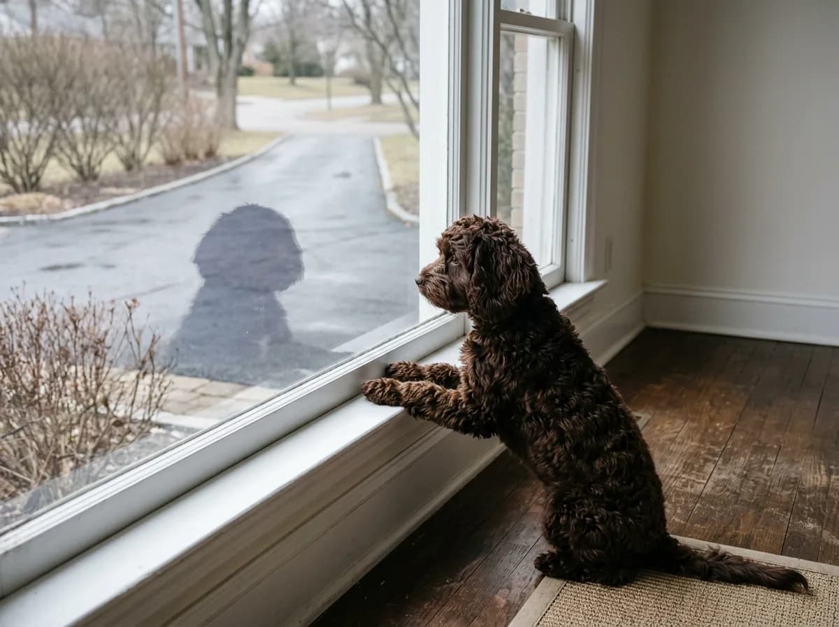 Chocolate-brown Cavapoo sitting alone with its paws on a windowsill, gazing out at an empty driveway