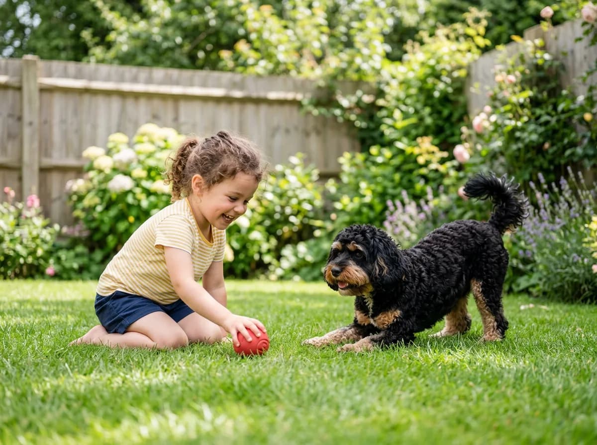 Black-and-tan Cavapoo playing on the grass with a young kneeling child in a fenced backyard garden