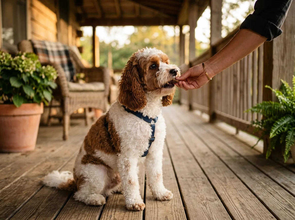 Red-and-white Cavapoo sitting on a porch and taking a treat from its owner's hand during positive-reinforcement training