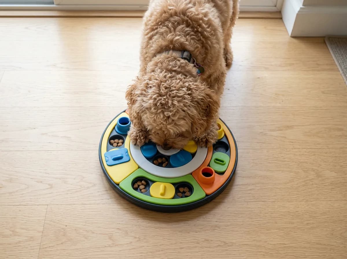 Apricot Cavapoo nosing a colorful puzzle feeder toy on a kitchen floor, seen from directly overhead