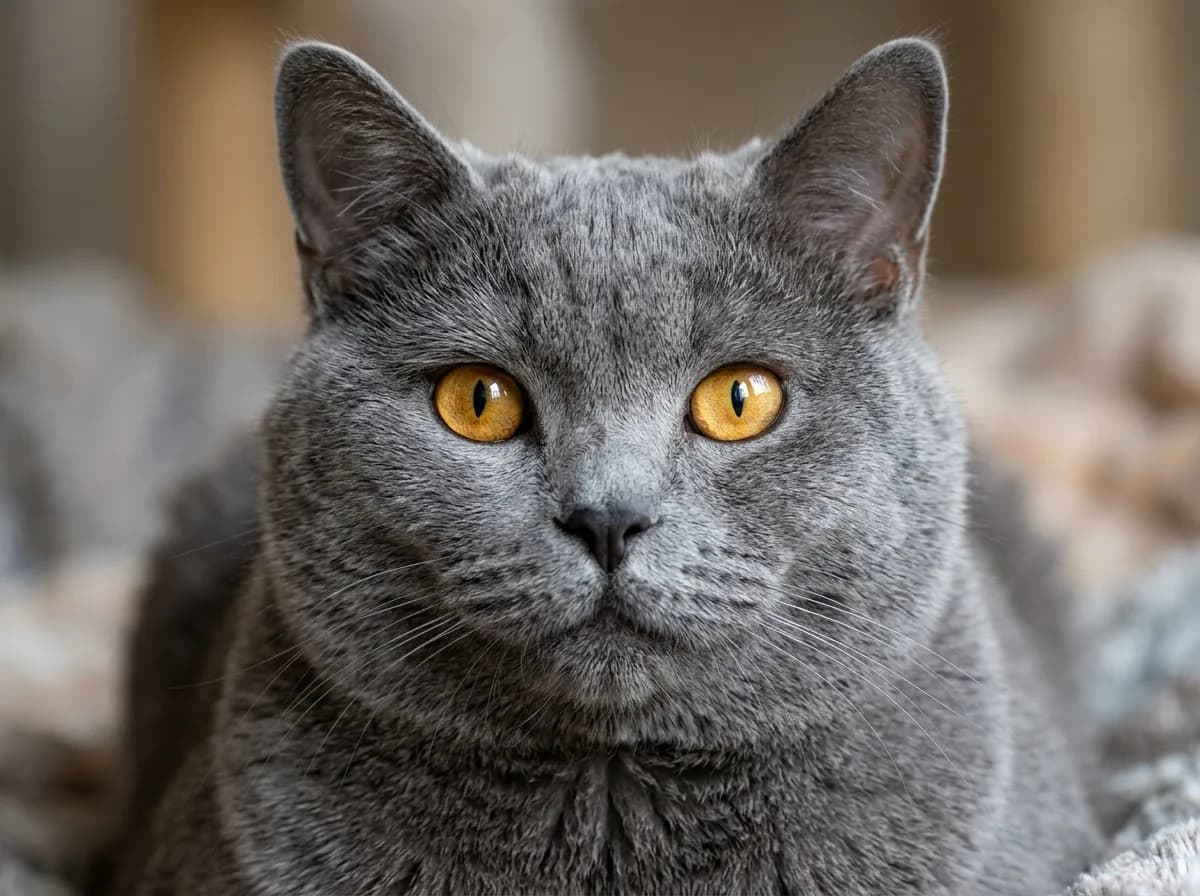 Close-up of a Chartreux cat's face showing large round copper-gold eyes and full smiling cheeks against a dense blue-grey coat