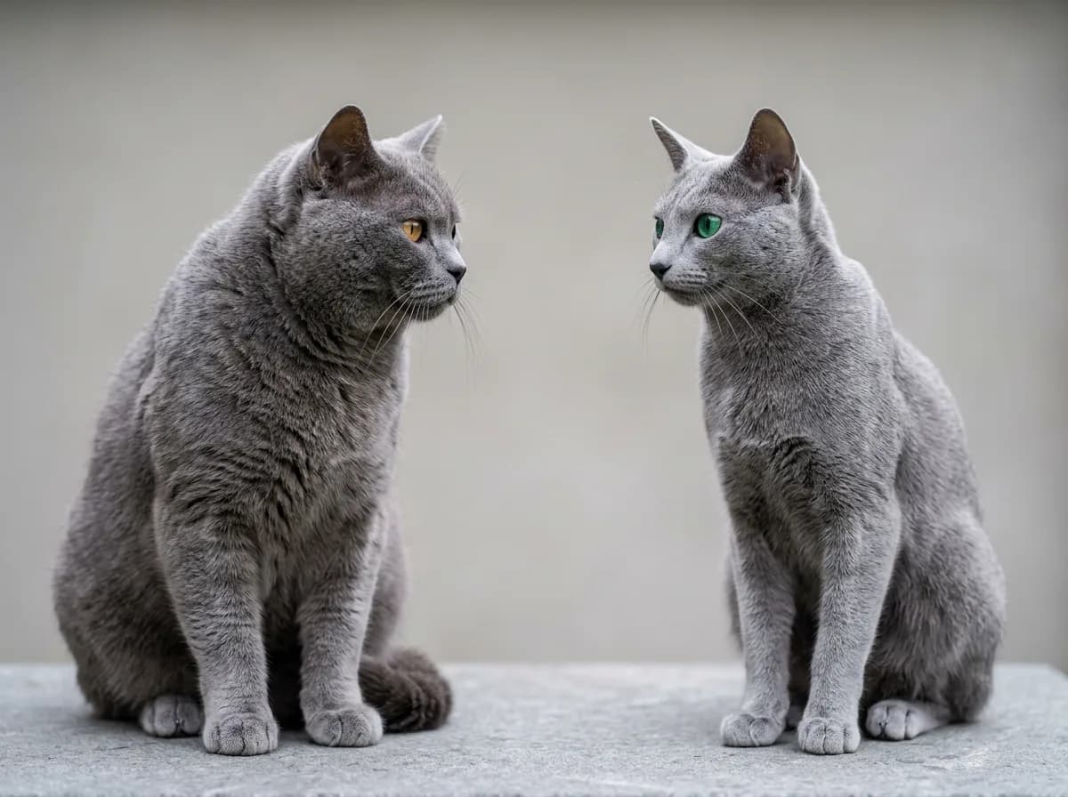 A muscular copper-eyed Chartreux sitting beside a slimmer green-eyed Russian Blue to compare the two blue-grey breeds
