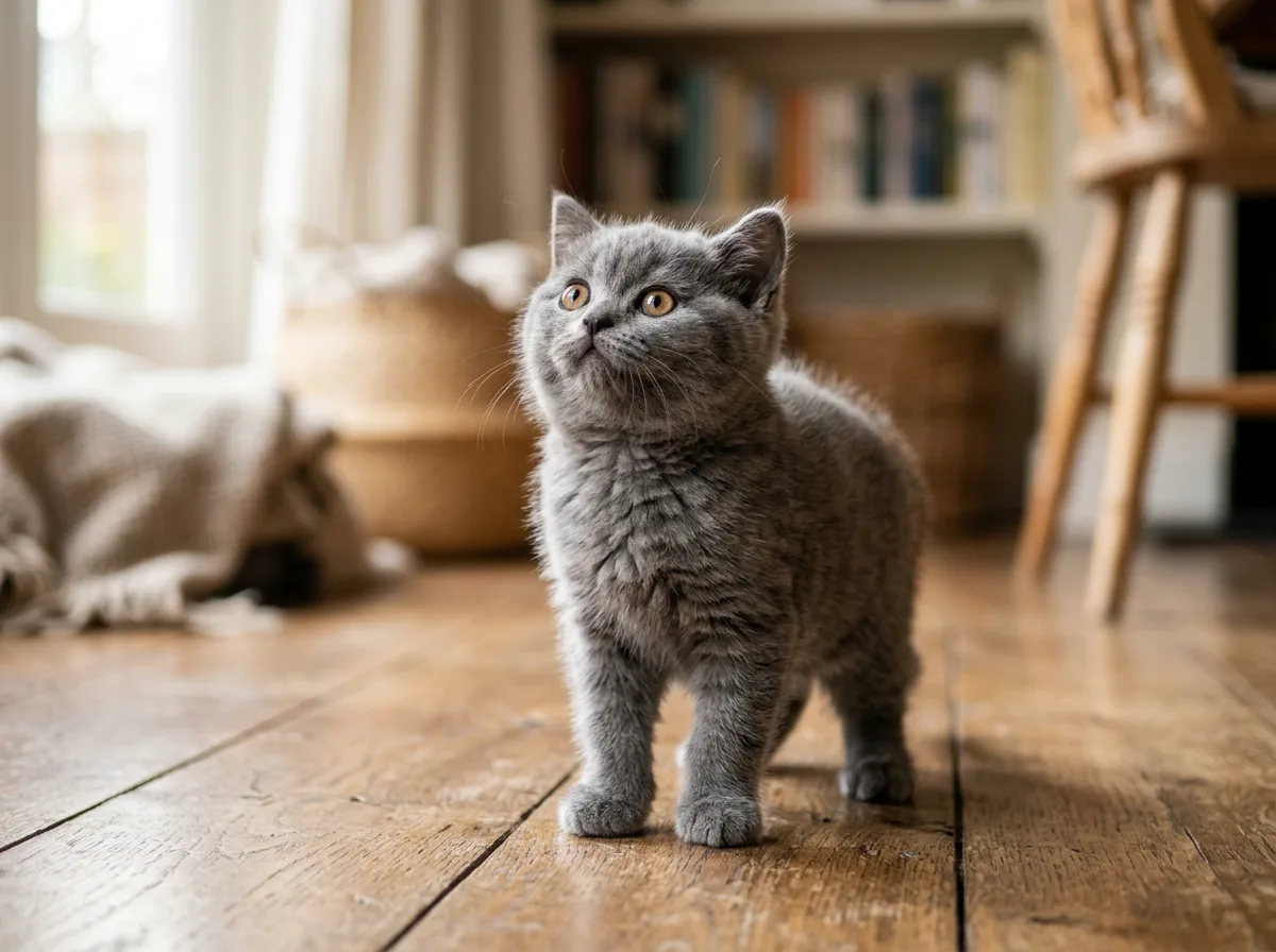 A young blue-grey Chartreux kitten with a fluffy woolly coat standing on a wooden floor and looking up